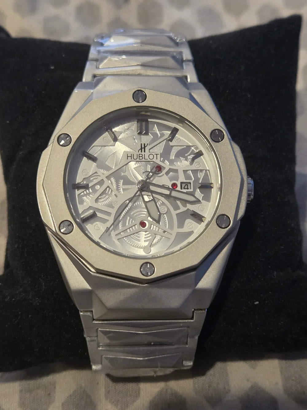 Hubl0t Men's White/Silver Skeleton Dial Bracelet Watch Automatic Heavy Fits Sz 8